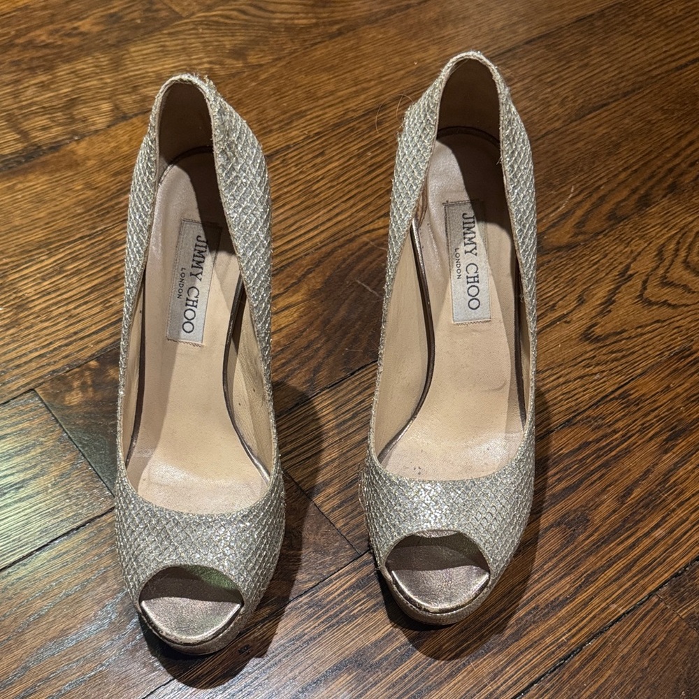 Used Jimmy Choo Sparkling Gold Peep-Toe Heels